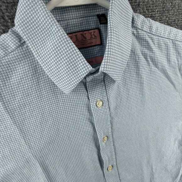 Thomas Pink Super Slim 14.5 Check Cotton Blue Shirt Long Sleeve Mens Button Up - Picture 3 of 16